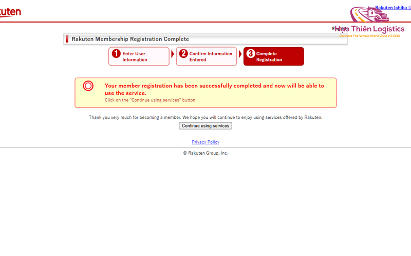 Hoàn tất đăng ký tài khoản Rakuten